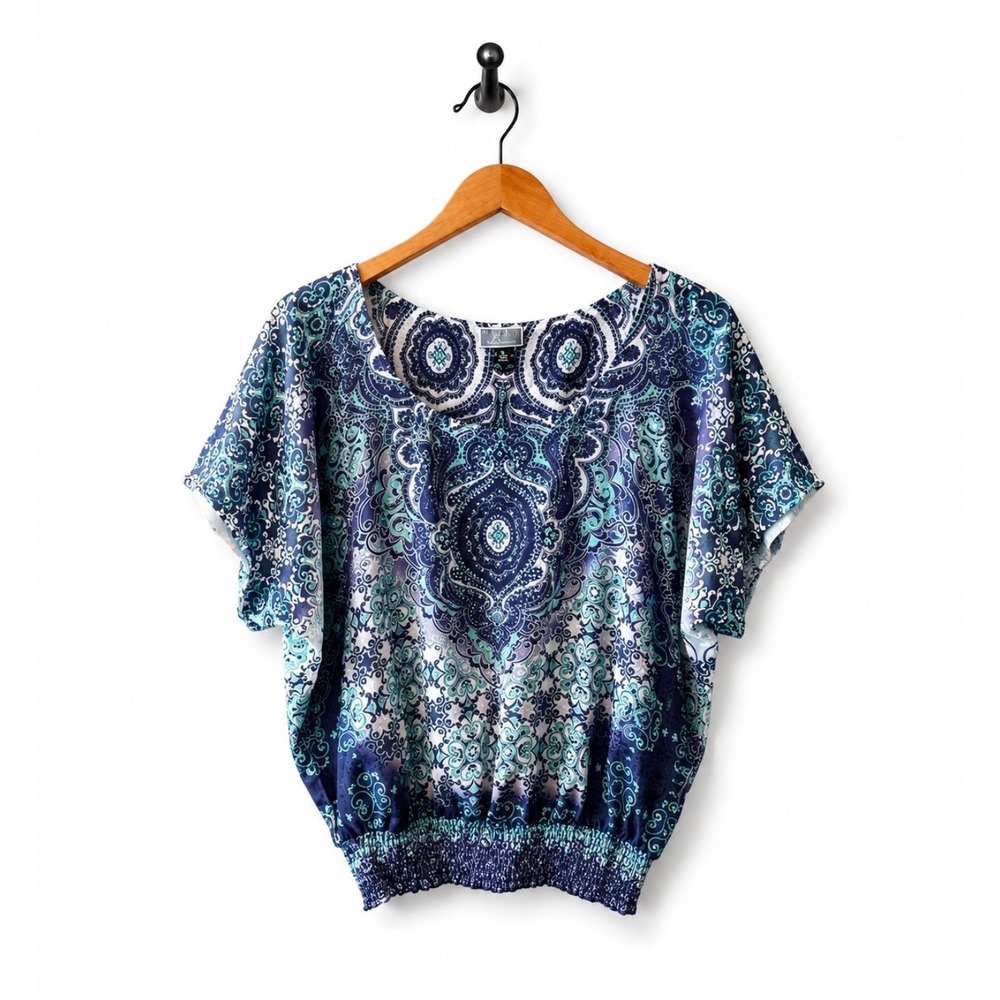 JM Collection Paisley Print Blouse Size L Blue Flutter‎ Sleeve Smocked Hem Top